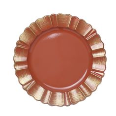 a red plate with gold trim is shown on a white background, it looks like the edge of an ornament