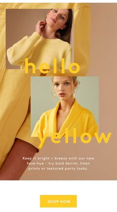 a woman in yellow sweater and skirt with the words hello yellow on her left side