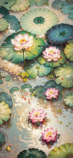 water lilies floating on top of a pond filled with green and pink lily pads