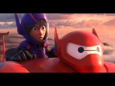 an animated character sitting on top of a giant red object in front of a cloudy sky