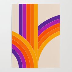 an orange, purple and yellow art piece on a white surface with lines in the background