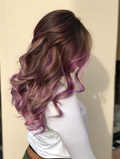 Hair Color Ideas Light Purple, Dyed Hair For Light Brown Hair, Under Dyed Hair Brown, Brown Hair With Colored Extensions, Brunette Hair Color With Purple Highlights, Purple Hair With Light Brown, Dyed Hair For Brunettes Purple, Brown And Purple Hair Highlights, Purple Hair Light Brown