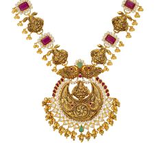 Adorned with high quality gemstones and 22k Indian gold, this beautiful Goddess Lakshmi necklace will add cultural significance and sophistication to any Indian bridal or tradition gown. This stunning piece of Indian gold jewelry weighs 42.5 grams, making it noticeably intriguing. The radiant display of emeralds, rubies, cubic zirconia, and engraved depictions of Goddess Lakshmi enhance the allure of this fabolous gold necklace. Features • 22k yellow gold • Cubic zirconia • Emerald • Ruby As a l Luxury Yellow Gold Emerald Temple Necklace, Lakshmi Gold Necklace, 22k Gold Temple Necklace Pendant For Wedding, 22k Gold Wedding Temple Necklace Pendant, Wedding 22k Gold Temple Pendant Necklace, 22k Gold Temple Jewelry Bridal Necklace For Festive Occasions, Navratri Yellow Gold Chandbali Necklaces, 22k Gold Meenakari Temple Necklace For Rituals, 22k Gold Temple Jewelry Necklaces