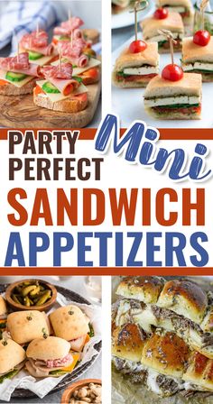 the cover of party perfect sandwich appetizers, with images of sandwiches on them