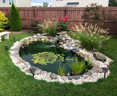 a small pond in the middle of a yard with rocks and water lilies around it