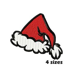 a red and white santa claus hat with the word 4 sizes on it's side