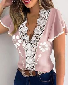 Lasaky - Contrast lace trim top with ruffle hem Women Lace Blouse, Ruffle T Shirt, Shirt Aesthetic, Ladies Shirt, Lace Trim Top, Abdominal Exercises, Chic Type, Lace Print, Trim Top