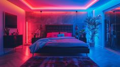 a large bed in a room with neon lights on the walls and wood flooring