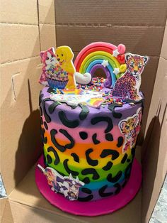 a colorful cake with lots of decorations on it