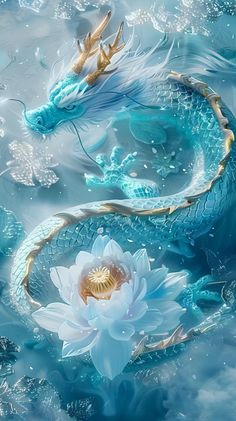 two blue dragon in the water next to a white flower with gold accents on it