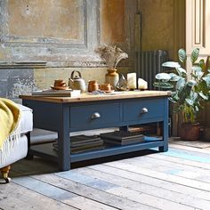 a living room with a couch, coffee table and potted plant on the floor