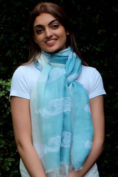 Steel Blue And White Ombre Linen Scarf With White Lace Appliques Spring Collection Fashion, Copper Lace, Ombre Scarf, Light Steel Blue, Linen Scarf, White Ombre, Linen Scarves, Designer Scarves, Summer Scarves