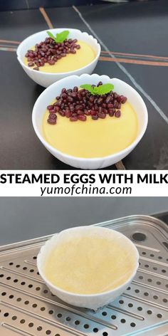 two white bowls filled with food sitting on top of a metal grate next to each other