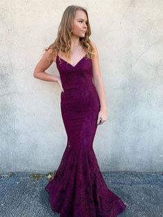 Silhouette:?Mermaid Waist: Natural Sleeve Length: Sleeveless Fabric:?Lace Shown Color:?Purple Built-In Bra: Yes Prom Dresses Backless, Mermaid Purple, Purple Evening Dress, Lace Prom Dresses, Mermaid Prom Dresses Lace, Purple Prom, Grad Ideas, Purple Prom Dress, Lace Formal Dress