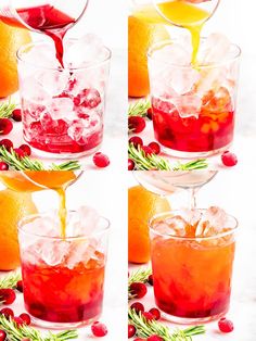 two shots being poured into glasses filled with cranberry punch and garnished with rosemary