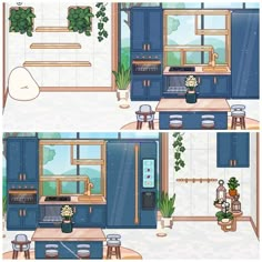 two pictures of a kitchen with blue cabinets and plants in the window sills