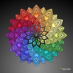 a rainbow colored flower with intricate designs on the petals and leaves, as well as an image