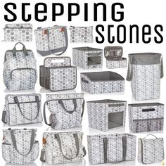 several bags and purses with the words stepping stones written in black, white and grey