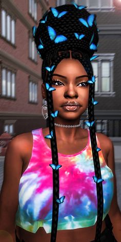 A Black, Sims 4, Butterflies, Braids, Hair, Blue, Black, Plaits