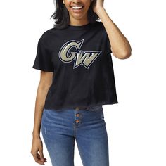 The Women's League Collegiate Wear Navy George Washington University Clothesline Crop T-shirt is the perfect way to show your support for the Colonials. Made from soft cotton, this cropped tee features a screen-printed graphic of the George Washington University logo, so you can proudly represent your school wherever you go. The unfinished hem adds a touch of style, and the cropped length is perfect for pairing with high-waisted jeans or shorts. Collegiate Tops With University Logo, Collegiate Team-colored T-shirt With University Logo, Collegiate White T-shirt With University Logo, Collegiate Navy T-shirt With Graphic Print, University Of Washington Sweatshirt, George Washington University, University Tshirt, Gameday Couture, University Logo