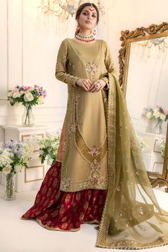 Tehzib | Pakistani Designer Outfit | Sarosh Salman Gharara Designs, Floral Motives, Met Gala Dresses, Pakistani Designer Clothes, Resham Work, Pakistani Party Wear, Pop Of Red, Beautiful Pakistani Dresses, Desi Clothes