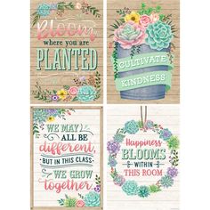 four cards with flowers and sayings on them