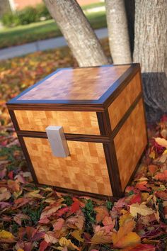 a wooden box sitting in the leaves next to a tree