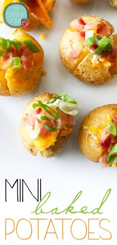 mini baked potatoes with bacon and cheese on them are the perfect appetizer for any party