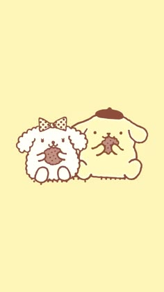 a drawing of two dogs laying next to each other on a yellow background, one is wearing a bow tie and the other has a teddy bear