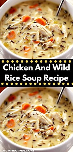 two bowls filled with chicken and wild rice soup