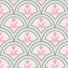 an art deco wallpaper with pink flowers and green circles on the back ground, in pastel colors