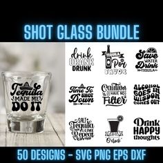 the shot glass bundle is shown with different font styles and colors, including black on white