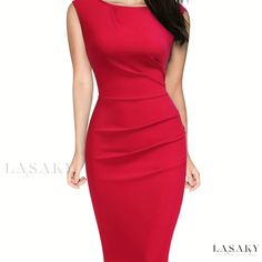 Lasaky - Refined Ruched Dress with Crew Neck Zipper – Sophisticated Work-Ready Pencil Dress for Womens Fashion Fitted Red Pleated Midi Dress, Fitted Red Mini Dress For Office, Red Fitted Mini Dress For Office, Red Bodycon, Red Bodycon Dress, Female Fashion, Ruched Dress, Pencil Dress, Knee High