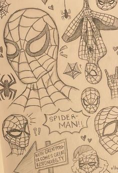 a drawing of spider man and his webman faces with the words spider man written on them