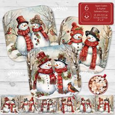 four snowmen with red scarfs and hats