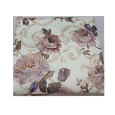 a white and purple flowered fabric with large pink flowers on the bottom half of it