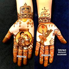 two hands painted with henna designs on them, one is holding a vase and the other is holding a bird