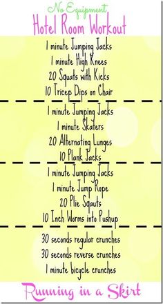 a printable hotel room workout list with instructions for the number 1, 2, and 3