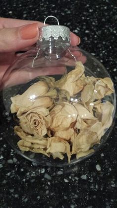 a hand holding a glass ornament filled with dried flowers