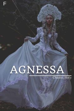 a woman in a white dress with an umbrella over her head and the words agnessa above it