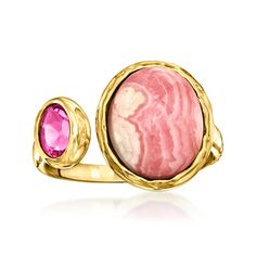 Ross-Simons - Pink Rhodochrosite, .50ct Pink Topaz Toi et Moi Ring Over Sterling. Size 8. French for "you and me," Toi et Moi rings are a unique way to celebrate a special relationship in your life. Wear our on-trend, two-stone designs as a sentimental symbol of romance, friendship, family - or simply treat yourself to double the sparkle! This pretty statement features a 12x10mm pink rhodochrosite oval cabochon beside a .50 carat oval pink topaz. Finely crafted in hammered and polished 18kt yell Two Stones Ring, Pink Topaz Jewelry, Pink Stone Ring, Pink Stone Rings, Hermes Bracelet, Pink Rhodochrosite, Pink Topaz, Jewelry Lookbook, Stone Design