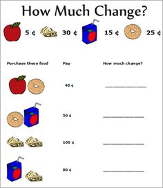 a worksheet showing how much change is needed to make an apple and bag