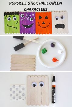 popsicle stick halloween characters are displayed with markers and glue to make them look like they have eyes