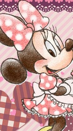 a drawing of a minnie mouse with hearts in the background