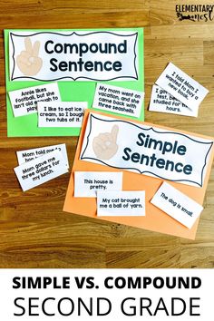 simple and compound sentence cards for second grade students to use with the same subject in their class