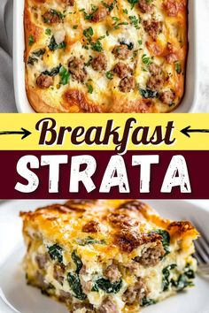 breakfast strata casserole with sausage, spinach and cheese on top