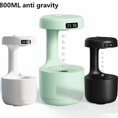 three different types of water fountains with the words 300ml anti gravity on them