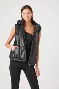 Faux Leather Puffer Vest, Leather Puffer Vest, Leather Puffer, Hooded Faux, Puffer Vest, Outerwear Jackets, Front Zipper, Fitness Models, Puffer