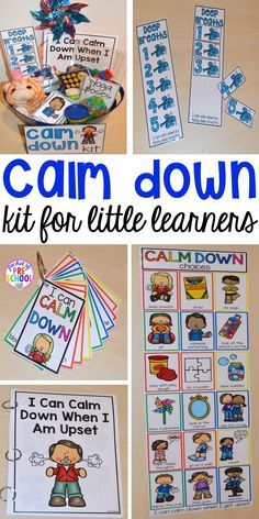 this is a collage of pictures with the words calm down and other activities for kids