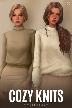 two women in white sweaters sitting next to each other with the words cozy knits